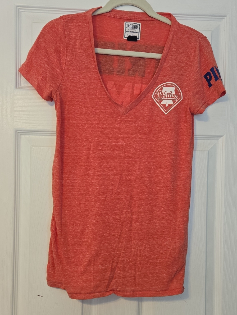 PINK Victoria's Secret Phillies Coral Red V-Neck Tee with Graphic Label